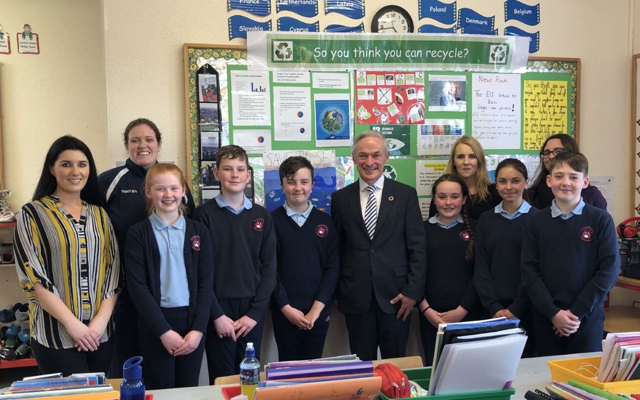 Minister for Climate Action and Communications Richard Bruton visits Clontuskert School